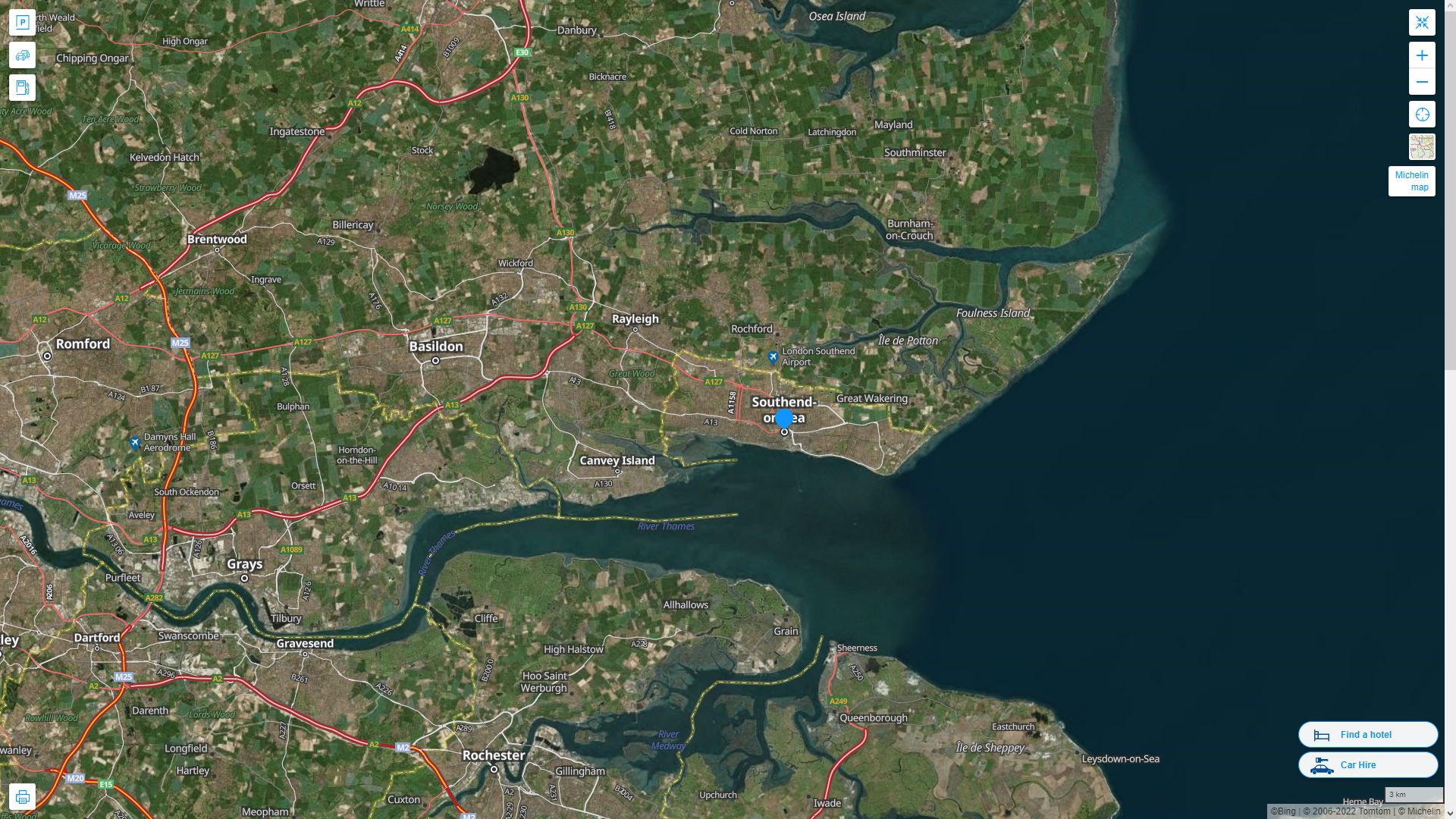 Southend on Sea Royaume Uni Autoroute et carte routiere avec vue satellite